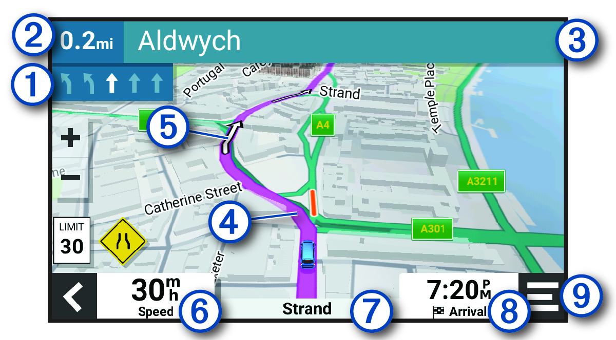 Active route on a navigation map with callouts