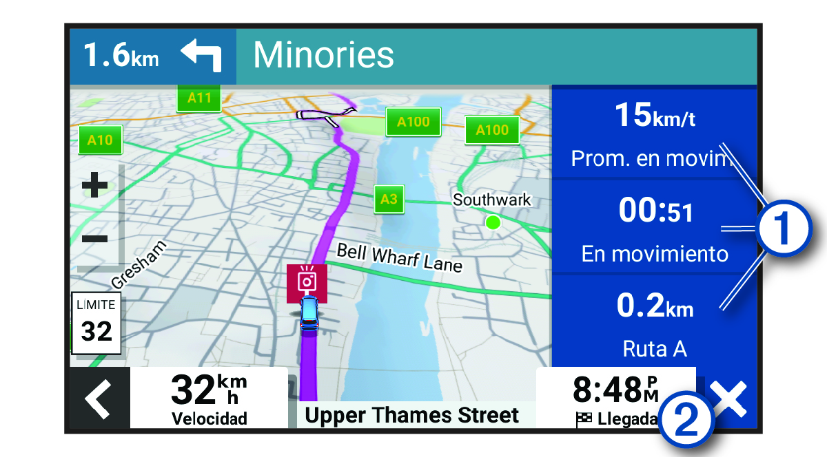 Campos de datos de la ruta en el mapa con anotaciones