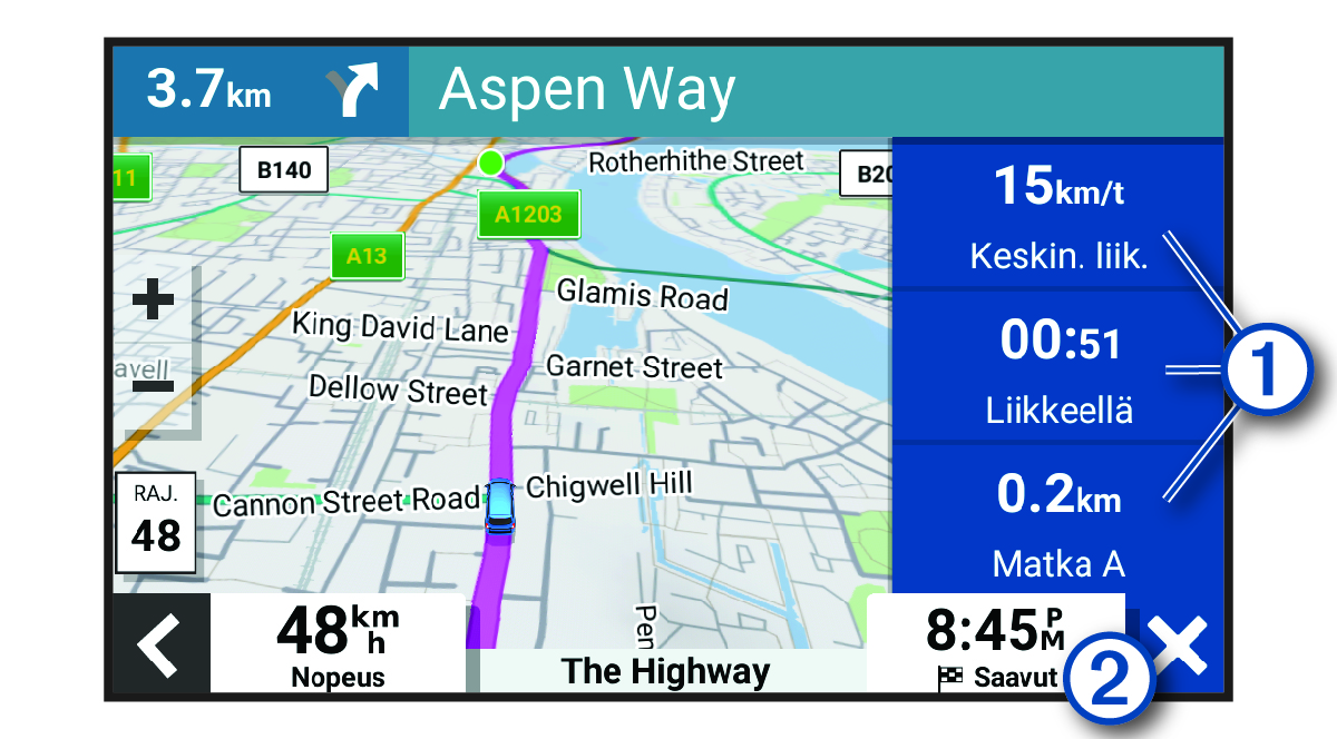 Matkan tietokentät kartassa ja numerot