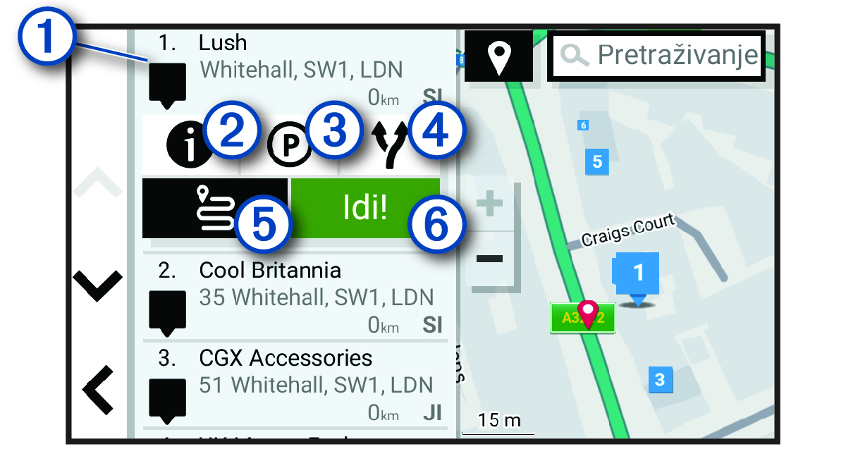 Rezultati pretraživanja lokacija na popisu s legendom