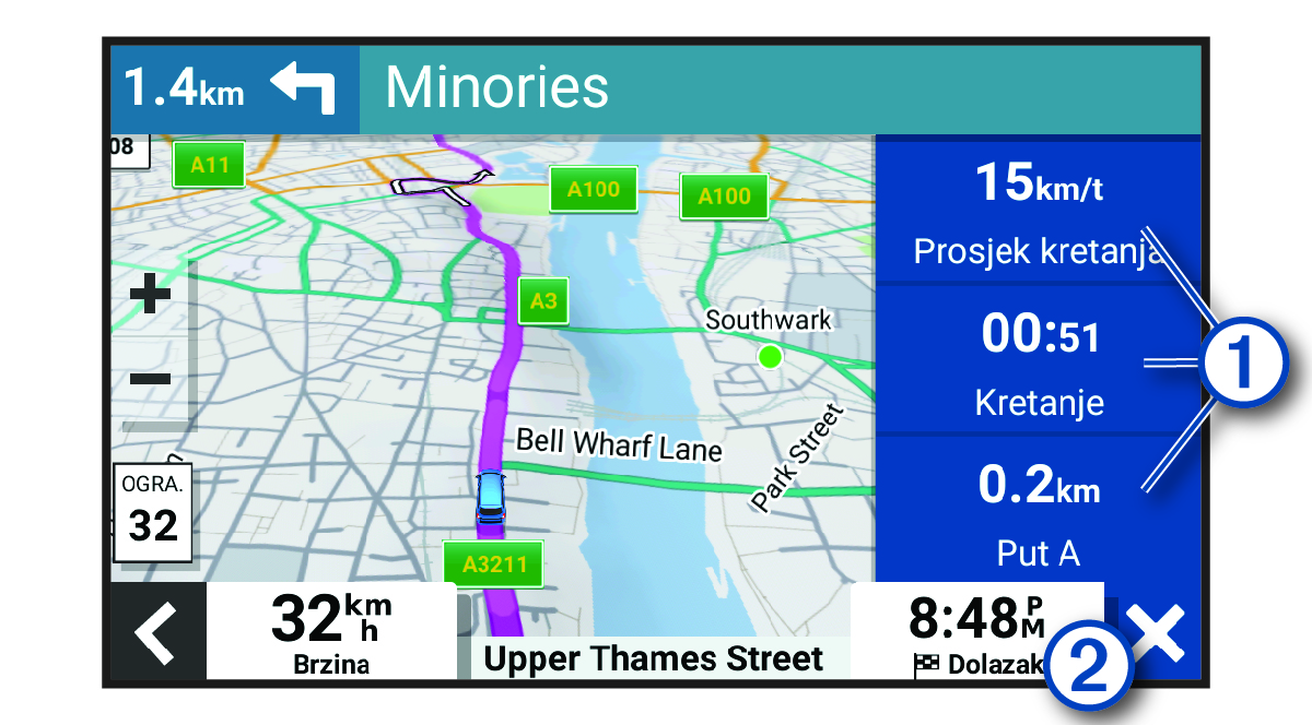 Polja s podacima o putu na karti s legendom