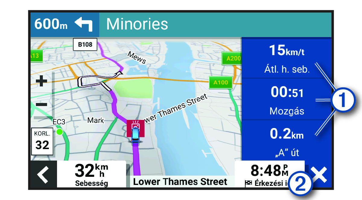 Útadatmezők a térképen, jelölésekkel