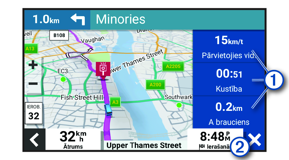 Brauciena datu lauki kartē ar remarkām