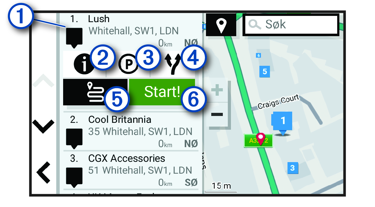 Liste over posisjonssøkeresultater med merknader