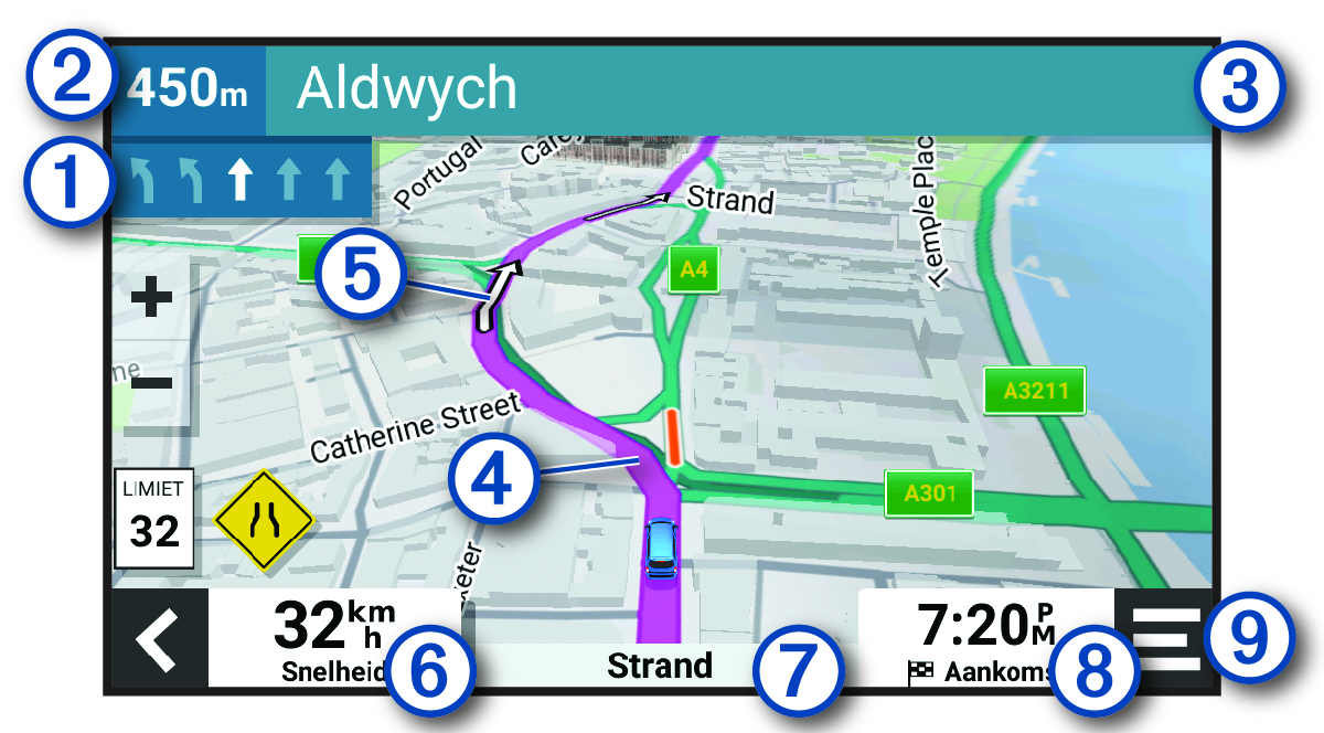 Actieve route op een navigatiekaart met toelichtingen