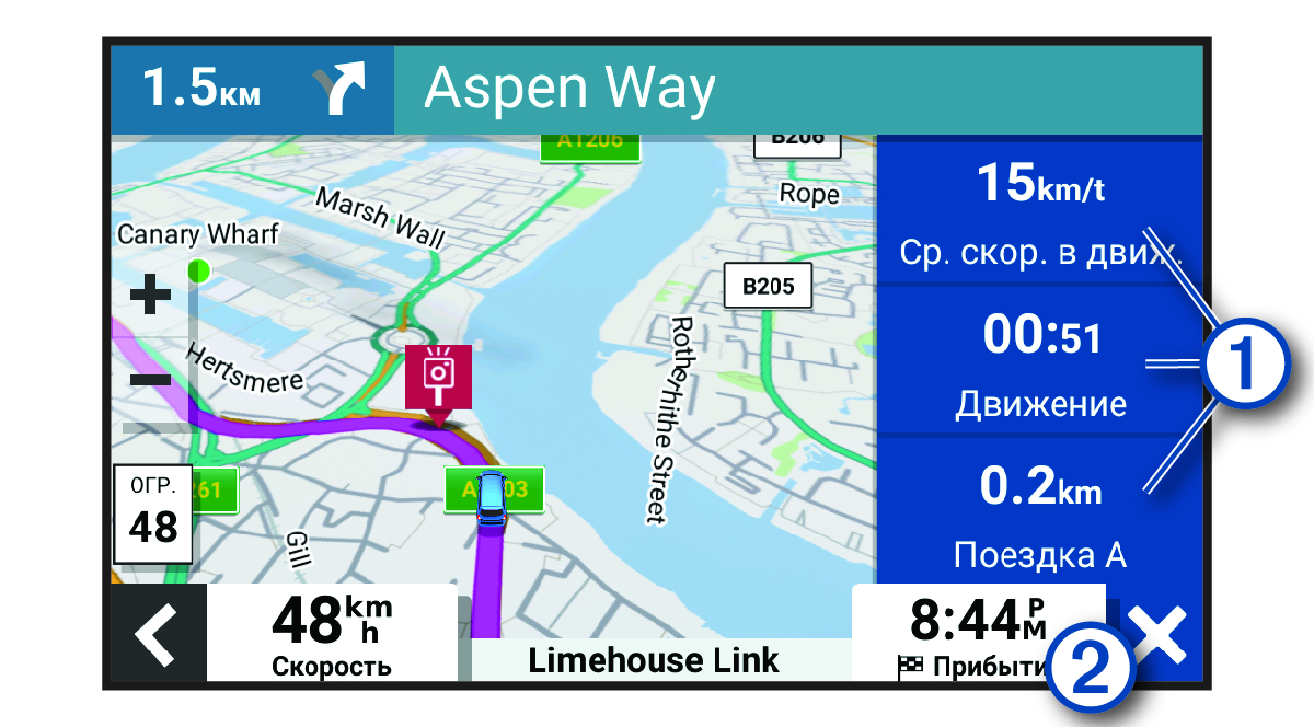 Поля данных поездки на карте с обозначениями