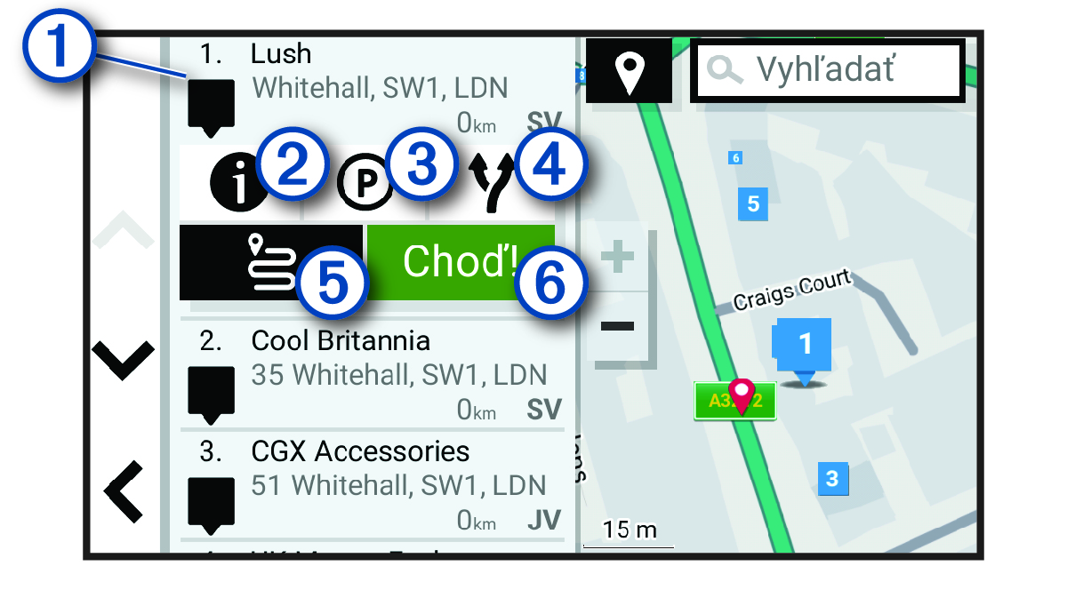 Zoznam výsledkov vyhľadávania polohy s popismi