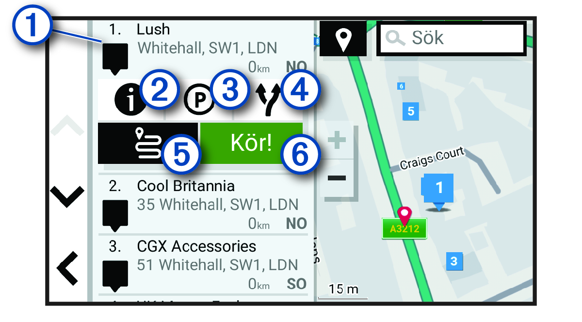 Lista med sökresultat för platser med bildtexter