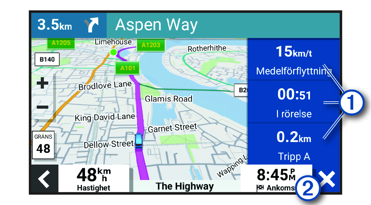 Färddatafält på kartan med bildtexter