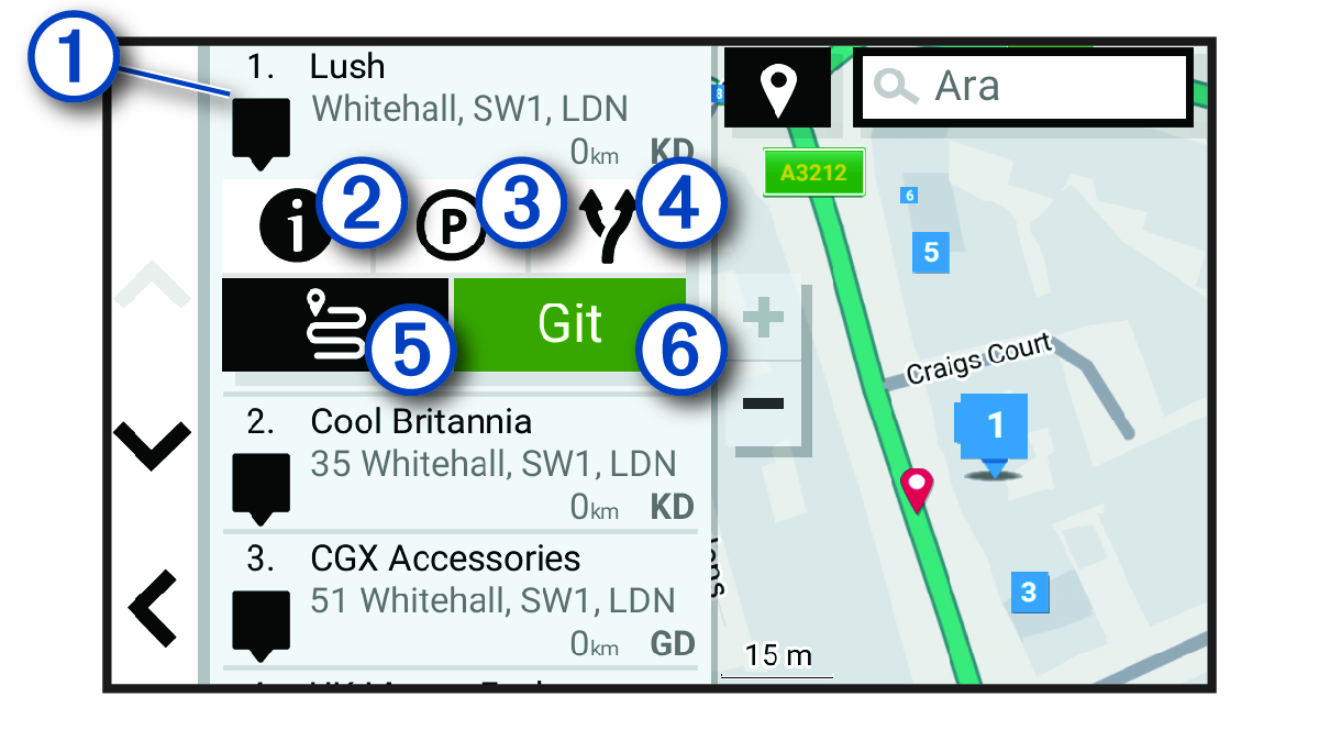 Açıklamalarla birlikte konum arama sonuçları listesi