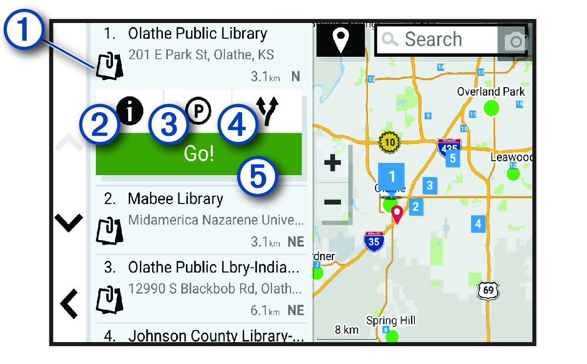 Location search results list with callouts