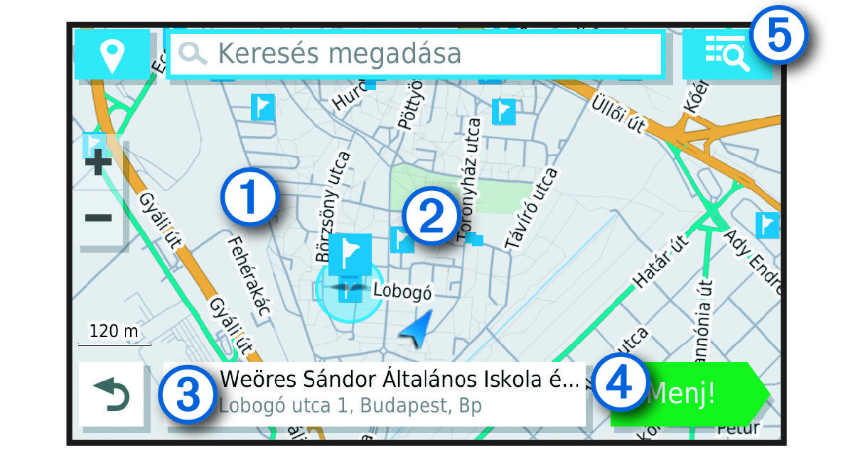 Keresési találatok térképe, jelölésekkel