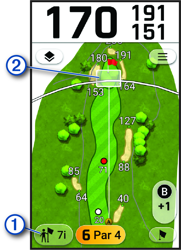 Screenshot of the virtual caddie with callouts