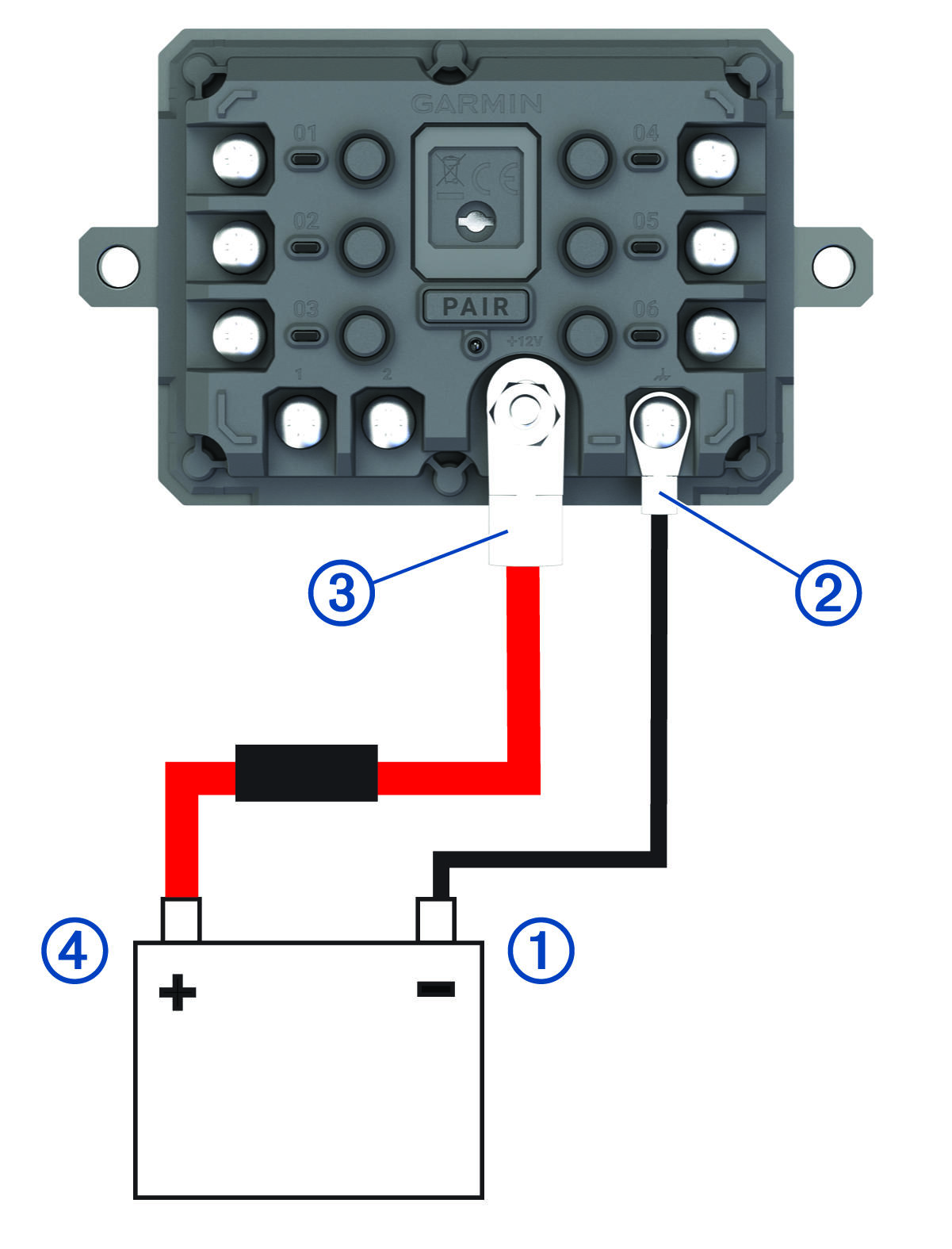 Wiring diagram of power and ground connections with callouts