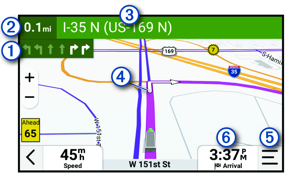 Active route on the navigation map with callouts