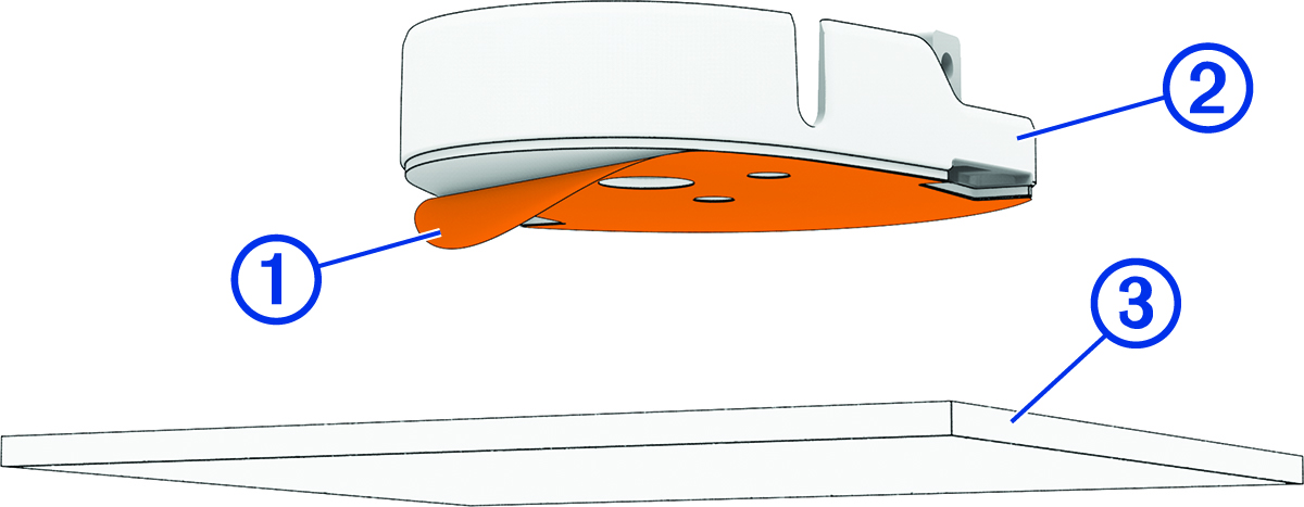 Adhesive base plate attaching to a surface with callouts
