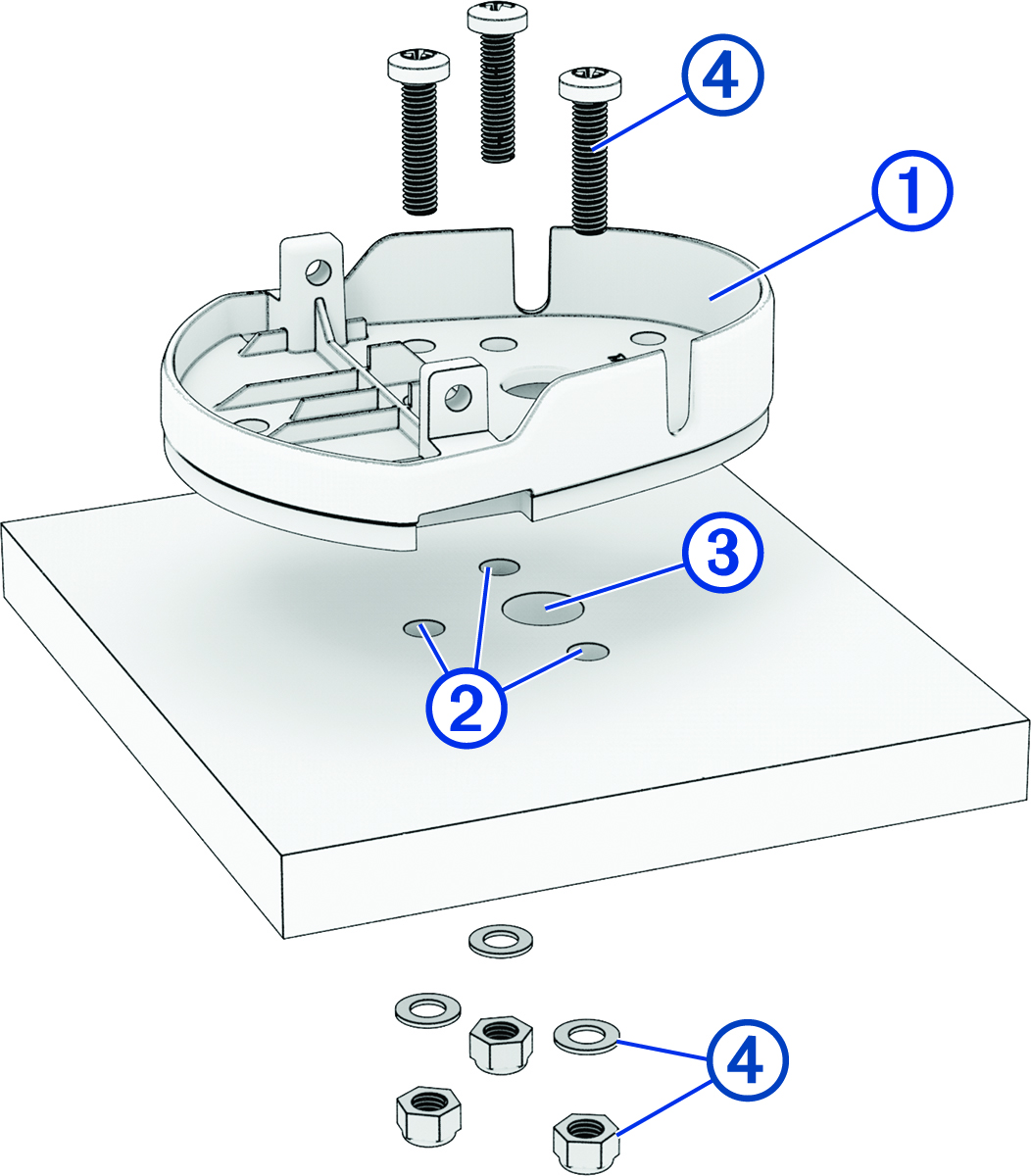 Screw-down base plate attaching to a surface with callouts