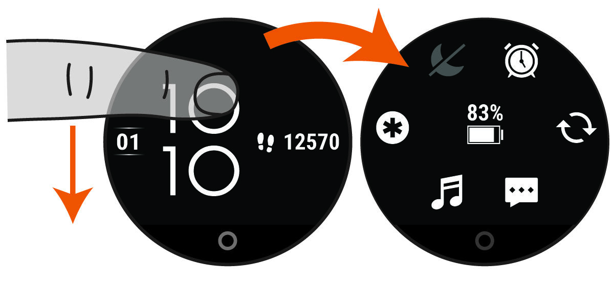 Watch face to controls menu with finger placement
