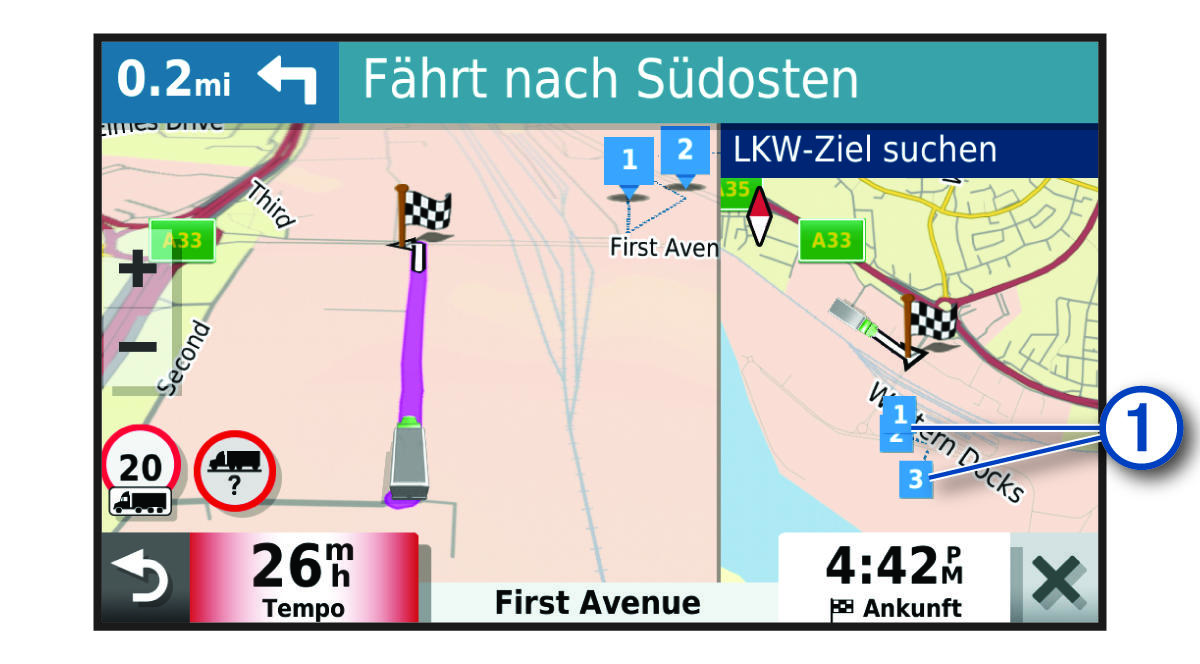Funktion für LKW-Ziele auf der Karte mit Beschriftungen