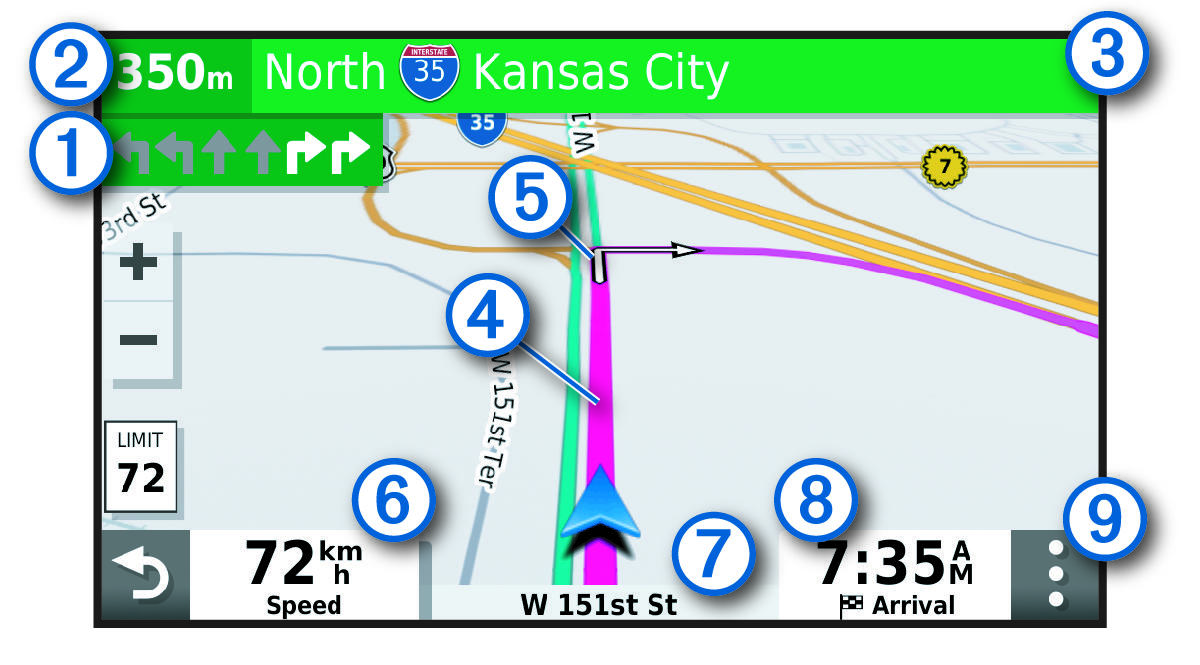 Active route on a navigation map with callouts