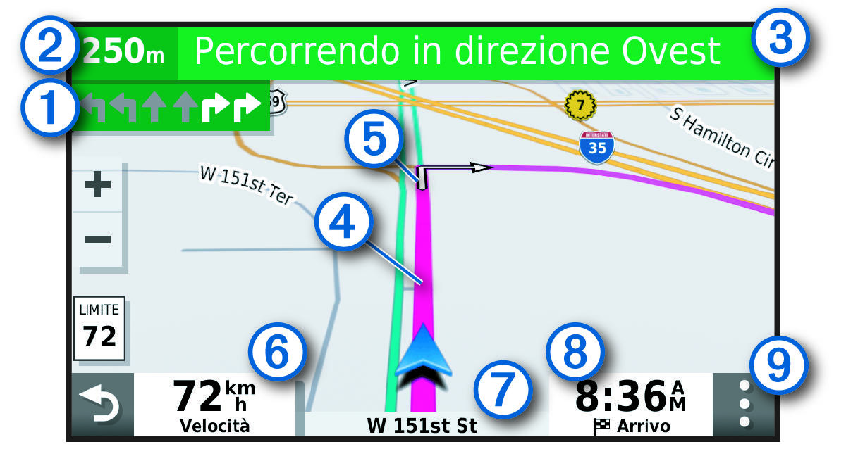 Percorso attivo su una mappa di navigazione con annotazioni