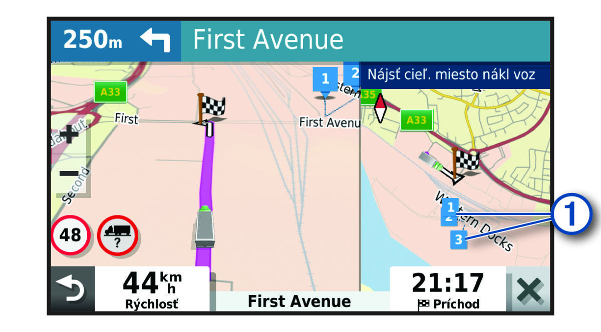 Funkcia cieľových miest nákladného vozidla na mape s popismi