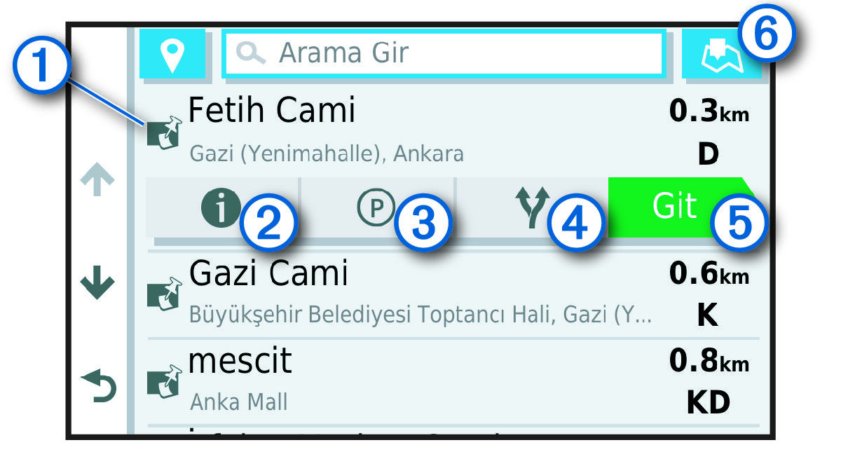 Açıklamalarla birlikte konum arama sonuçları listesi