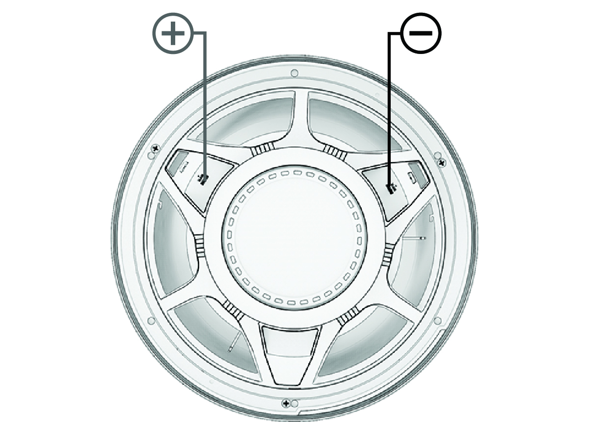 Rear view of M3-10 speaker terminals with polarity callouts