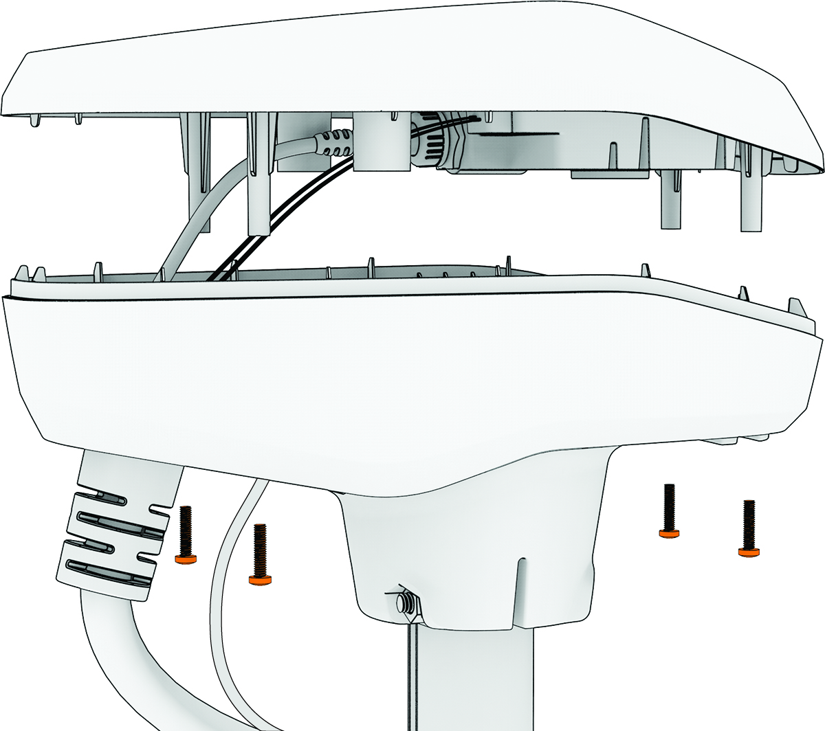 Exploded view of the top of the shaft cap and the screws that secure it to the shaft cap