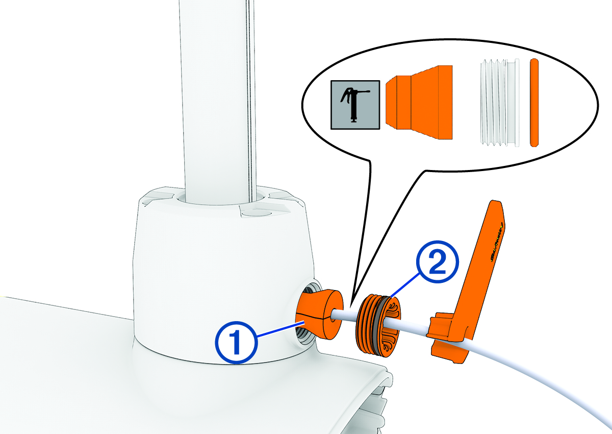 Exploded view of the cable gland and nut on the transducer cable with callouts