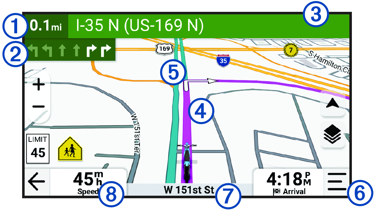 Active route on a navigation map with callouts