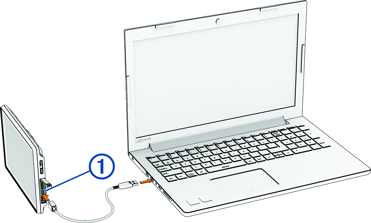 Device connected to a laptop with a USB cable and with a callout
