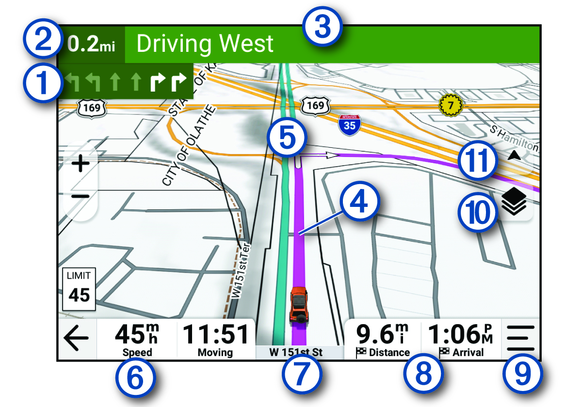 Active route on a navigation map with callouts
