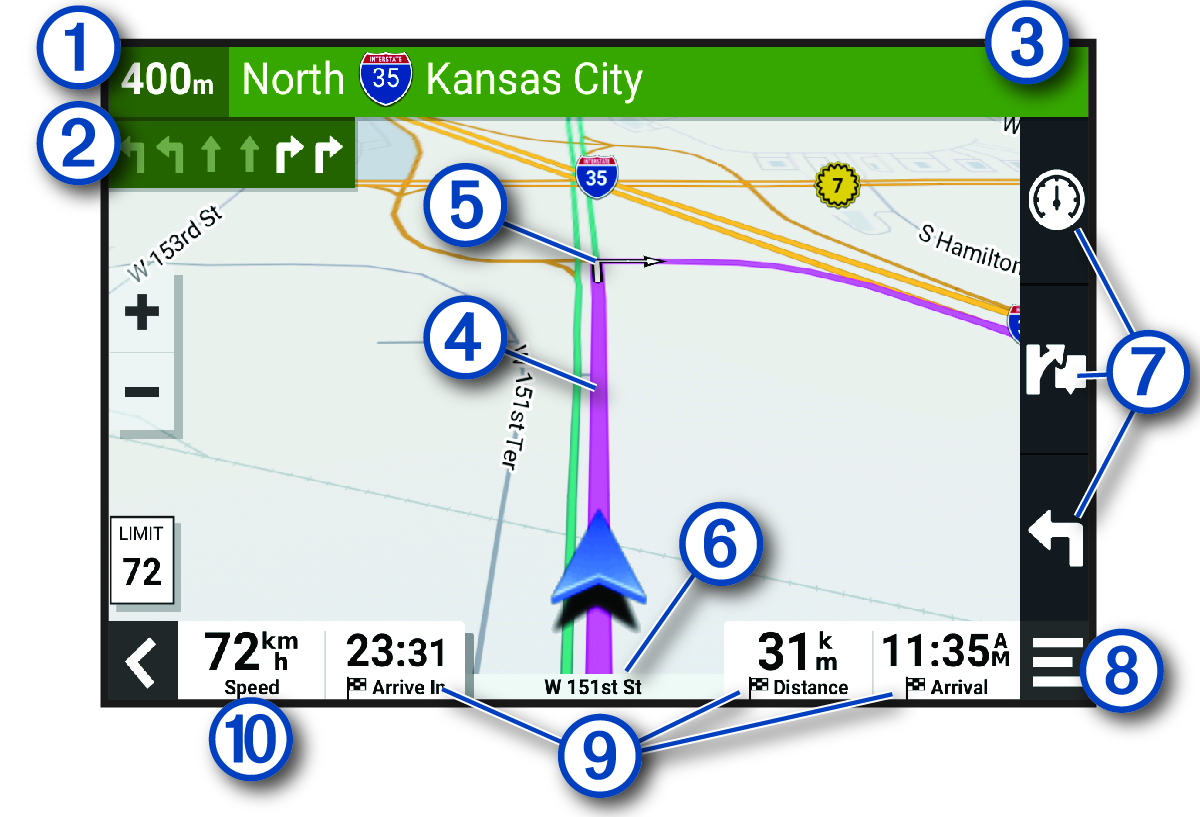 Активный маршрут на карте навигации с обозначениями