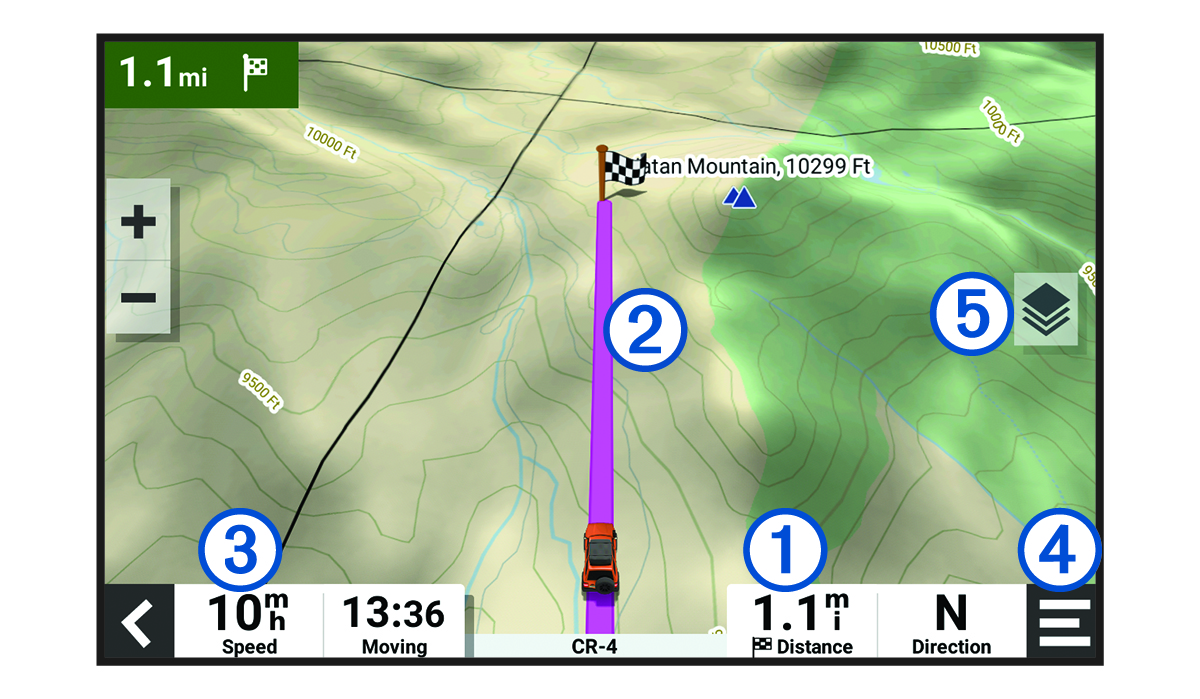 Ruta en línea recta activa en un mapa de navegación con anotaciones
