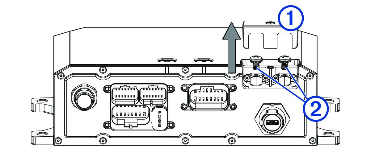 Line drawing of the device with the terminal cover being removed with glyphs