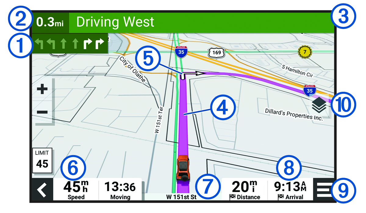 Active route on a navigation map with callouts