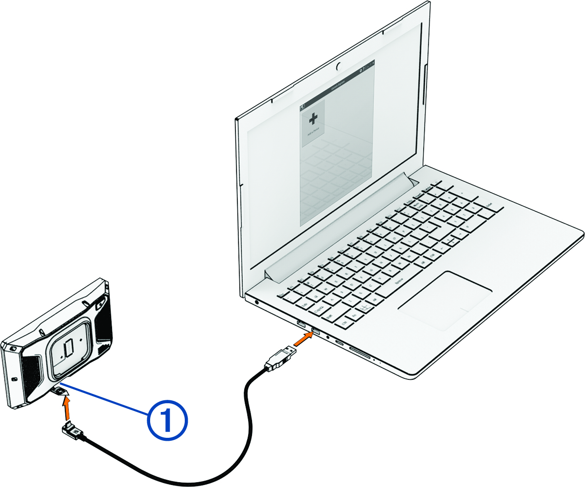 Anschluss des Geräts an einen Laptop per USB-Kabel mit Beschriftung