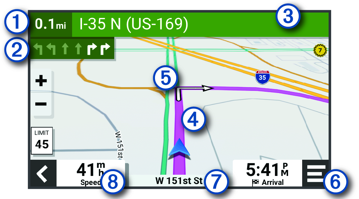 Aktive Route auf einer Navigationskarte mit Beschriftungen