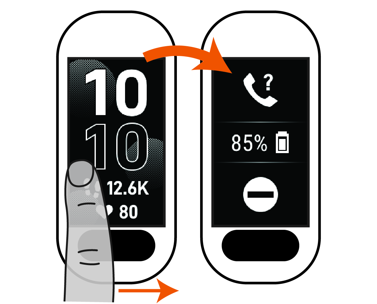 Watch face to controls menu with finger placement