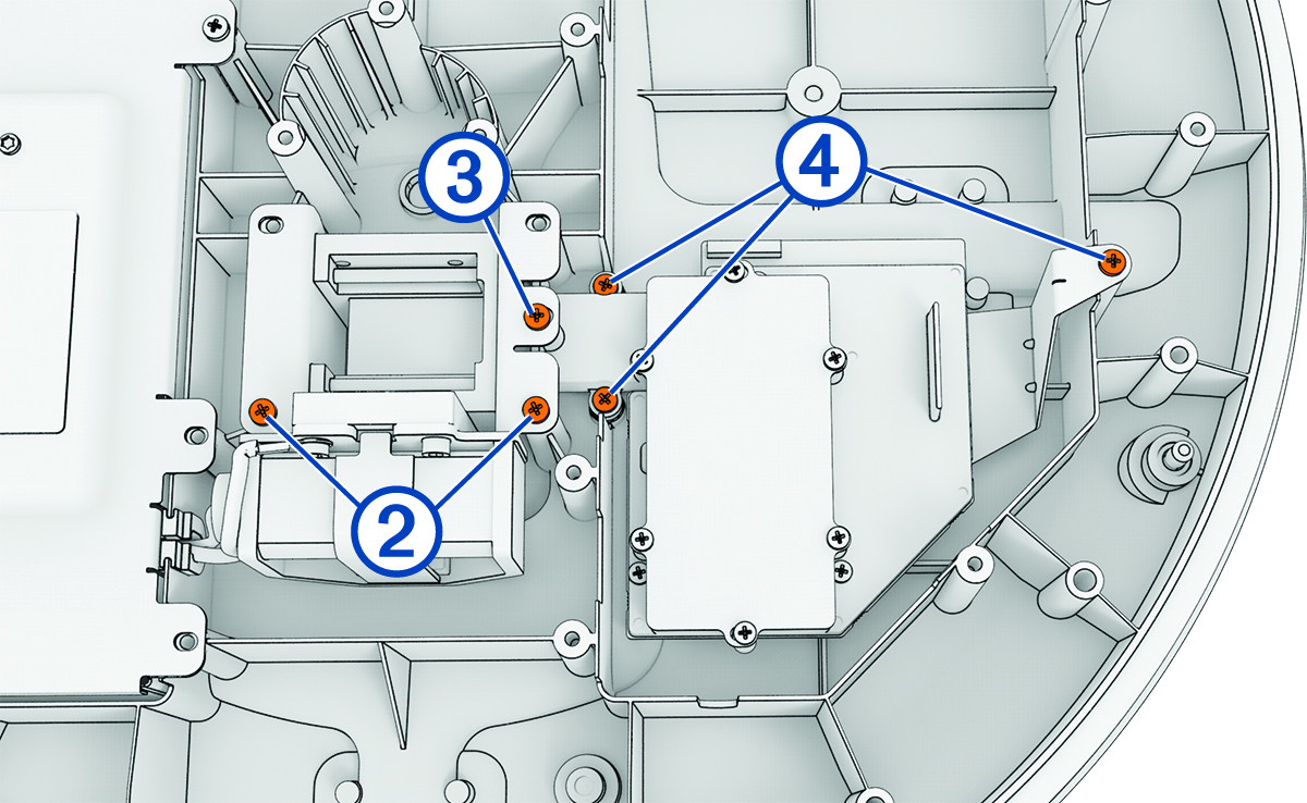 Magnetron and LNC with callouts indicating LNC mounting screws