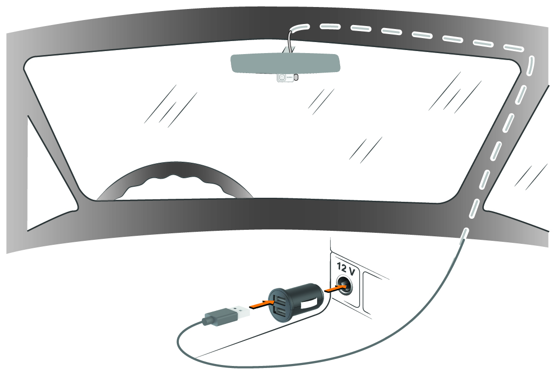 Power cable routed around the windshield and dash and connected to the vehicle power adapter