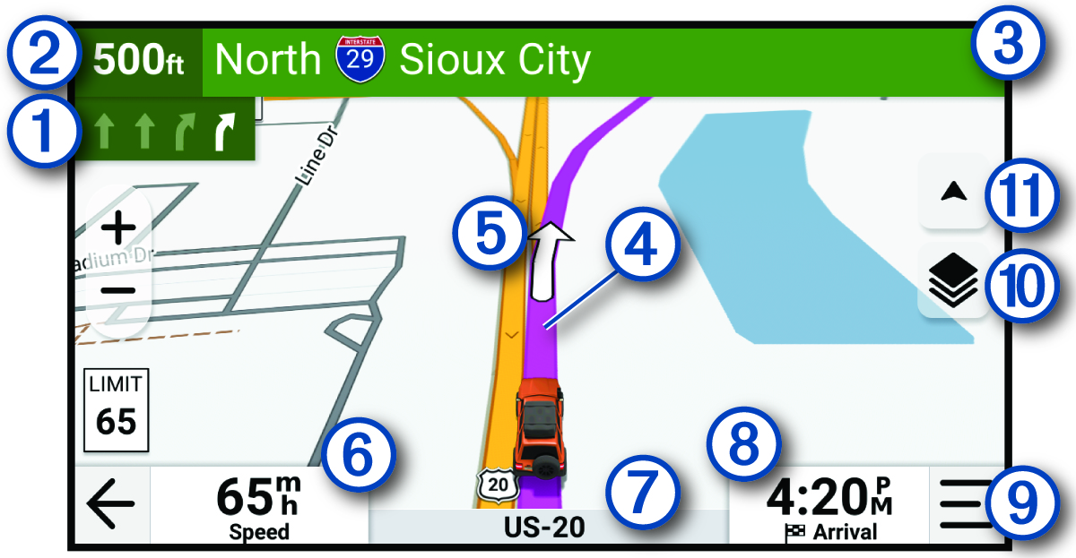 Active route on a navigation map with callouts