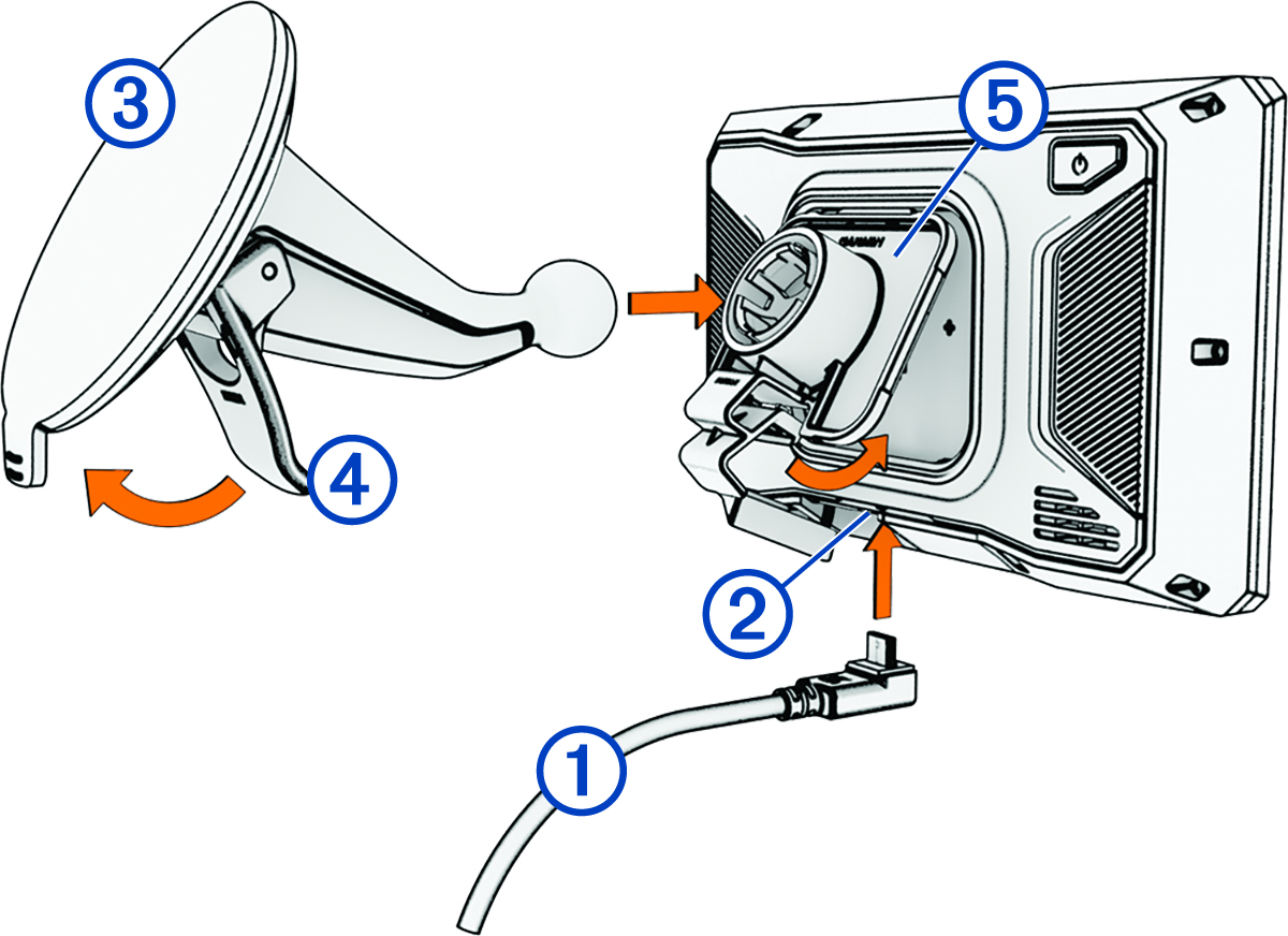 Device and power cable connecting to the automotive mount with callouts