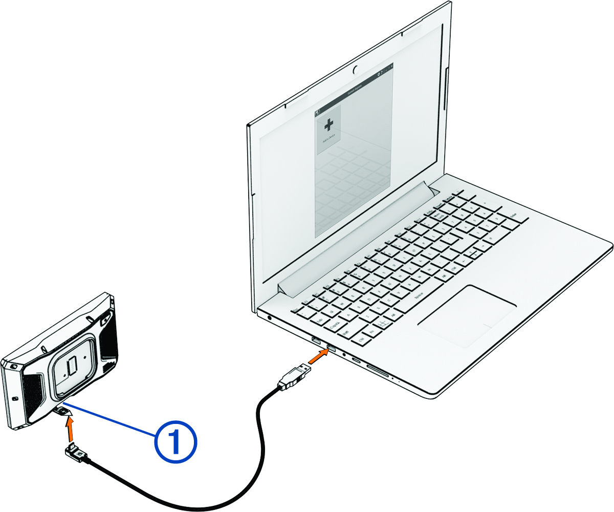 Device connected to a laptop with a USB cable and with a callout