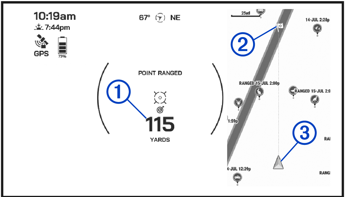 Screenshot of the hiking HUD with callouts