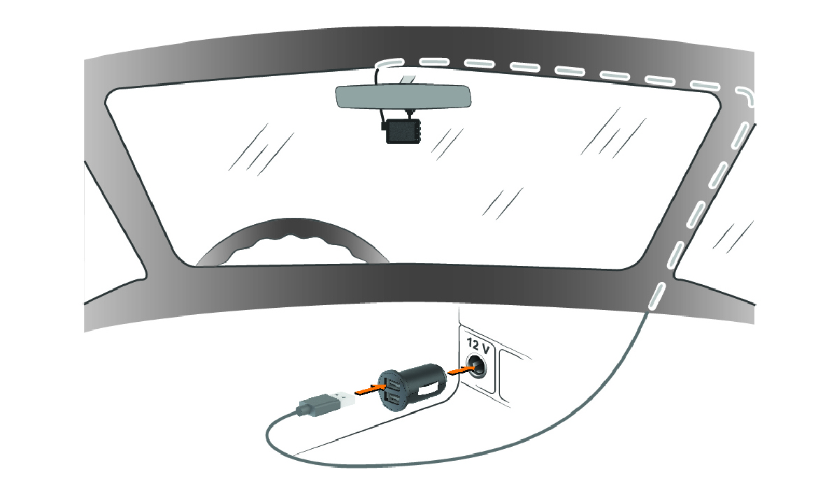 Power cable routed around the windshield and dash and connected to vehicle power adapter