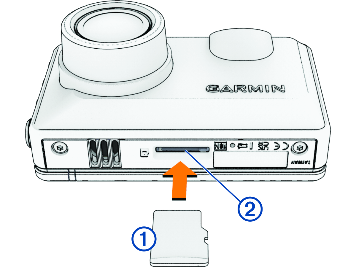 Memory card installation into the slot on the bottom of the camera with callouts