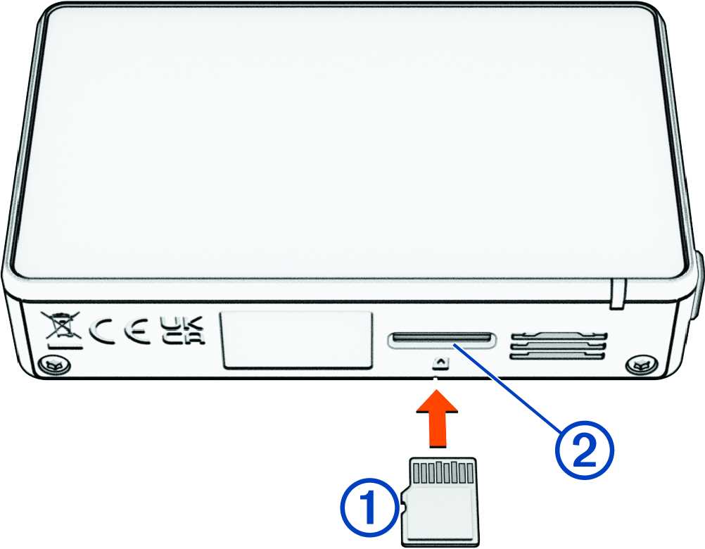 Memory card installation into the slot on the bottom of the camera with callouts