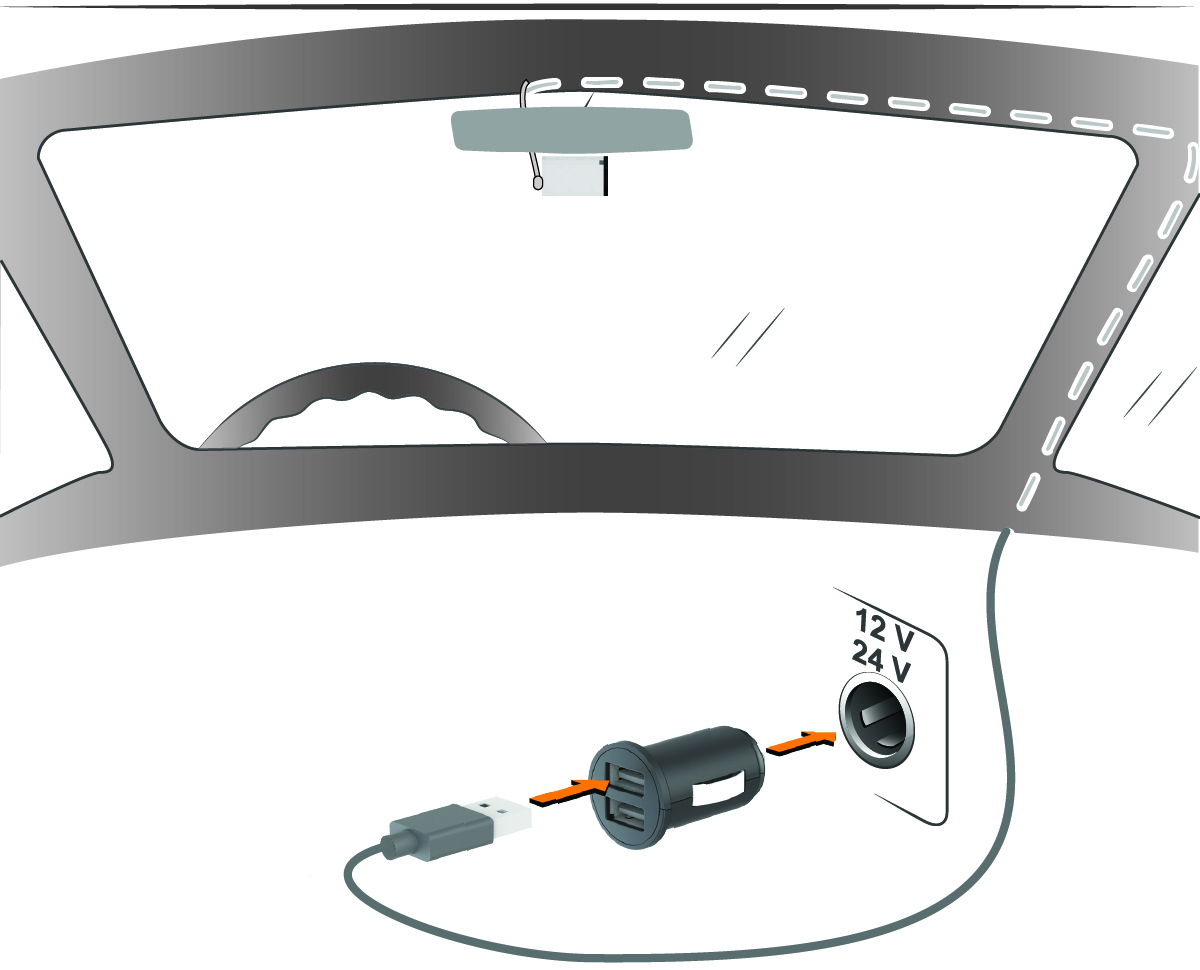 Power cable routed around the windshield and dash and connected to vehicle power adapter